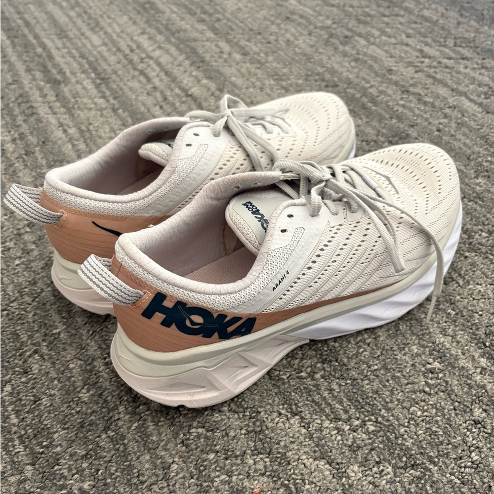 Hoka Cream and Peach Running Shoes